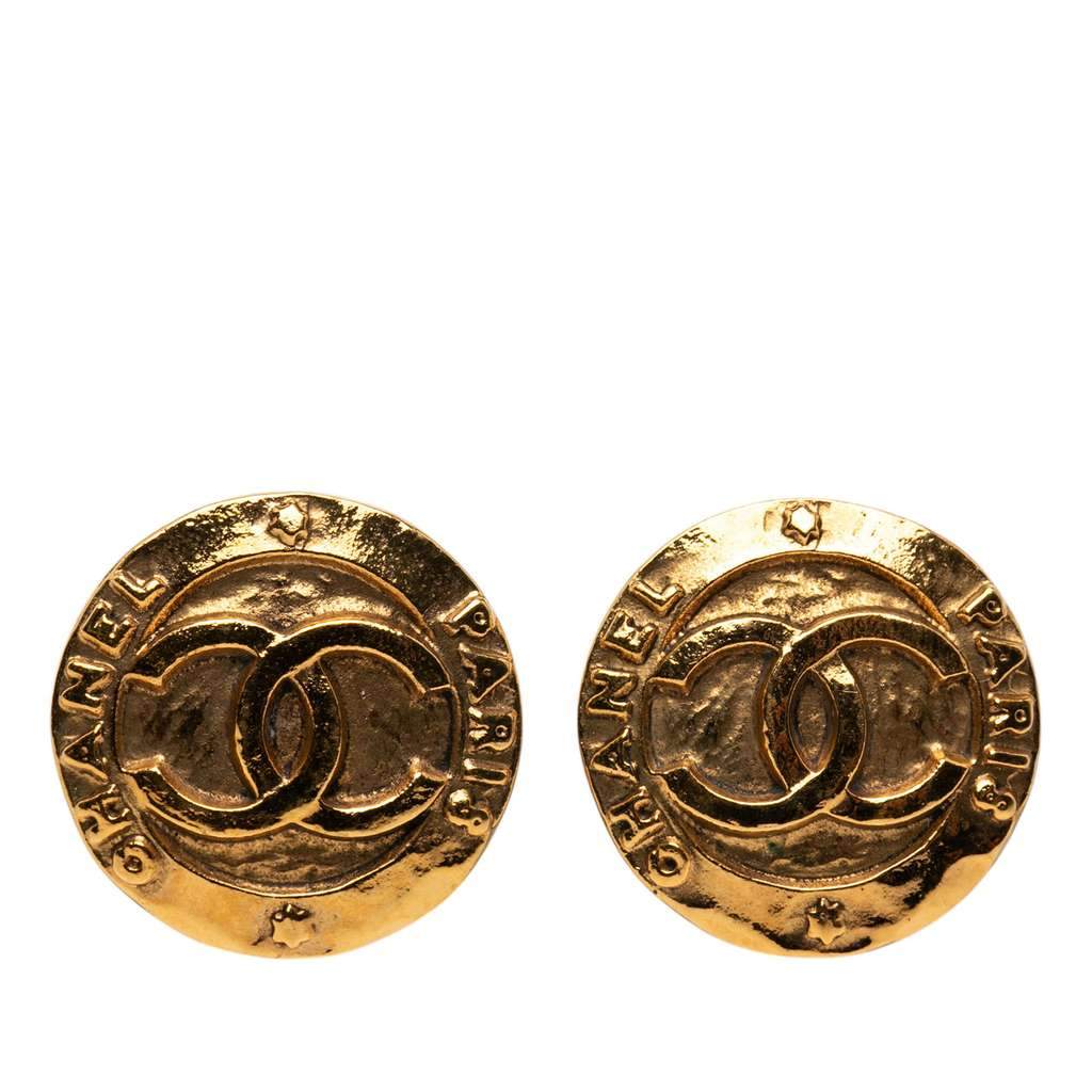 Chanel Gold Plated CC Round Clip On Earrings Gold Metal Very good - Front View