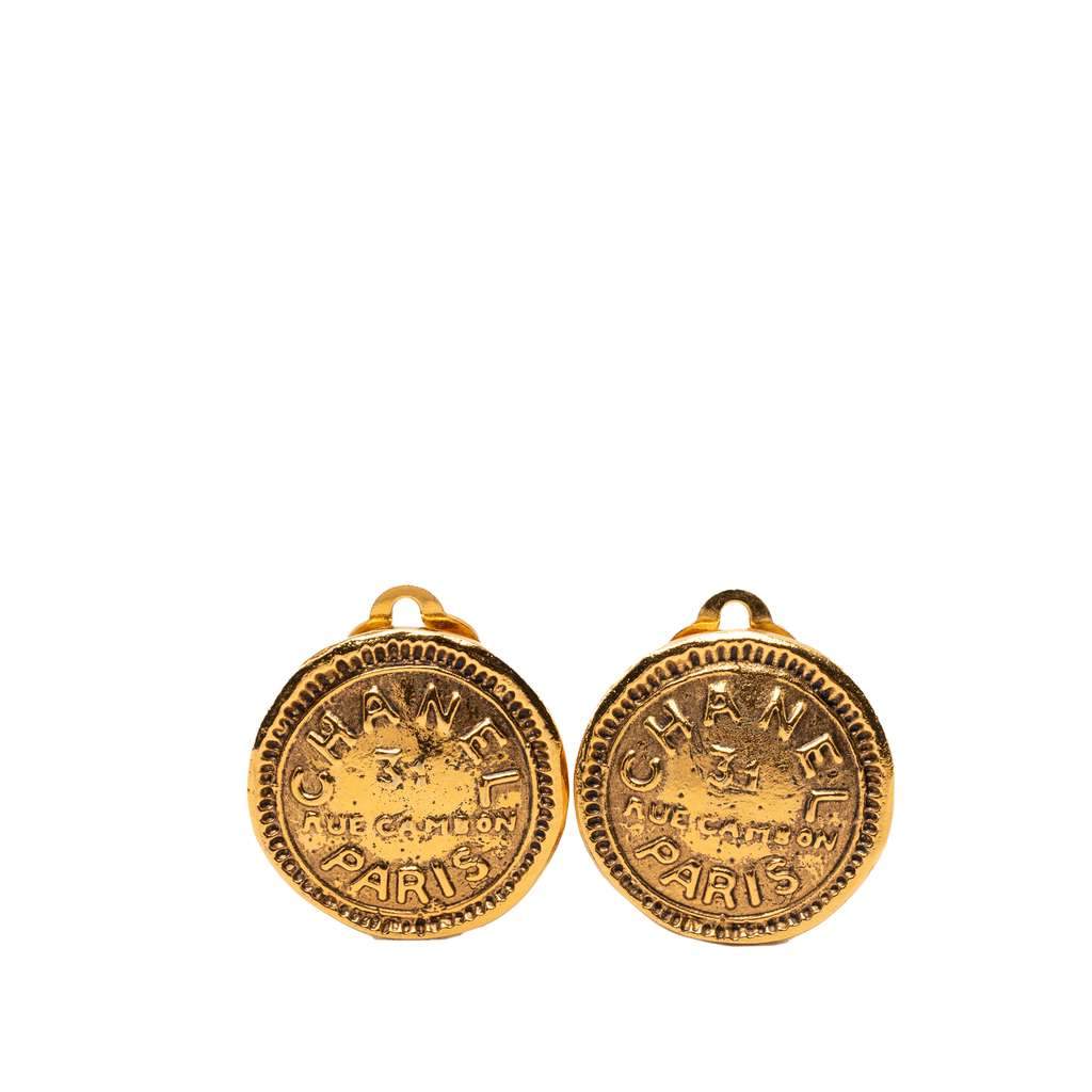 Chanel Gold Plated 31 Rue Cambon Round Clip On Earrings Gold Metal Very good - Front View