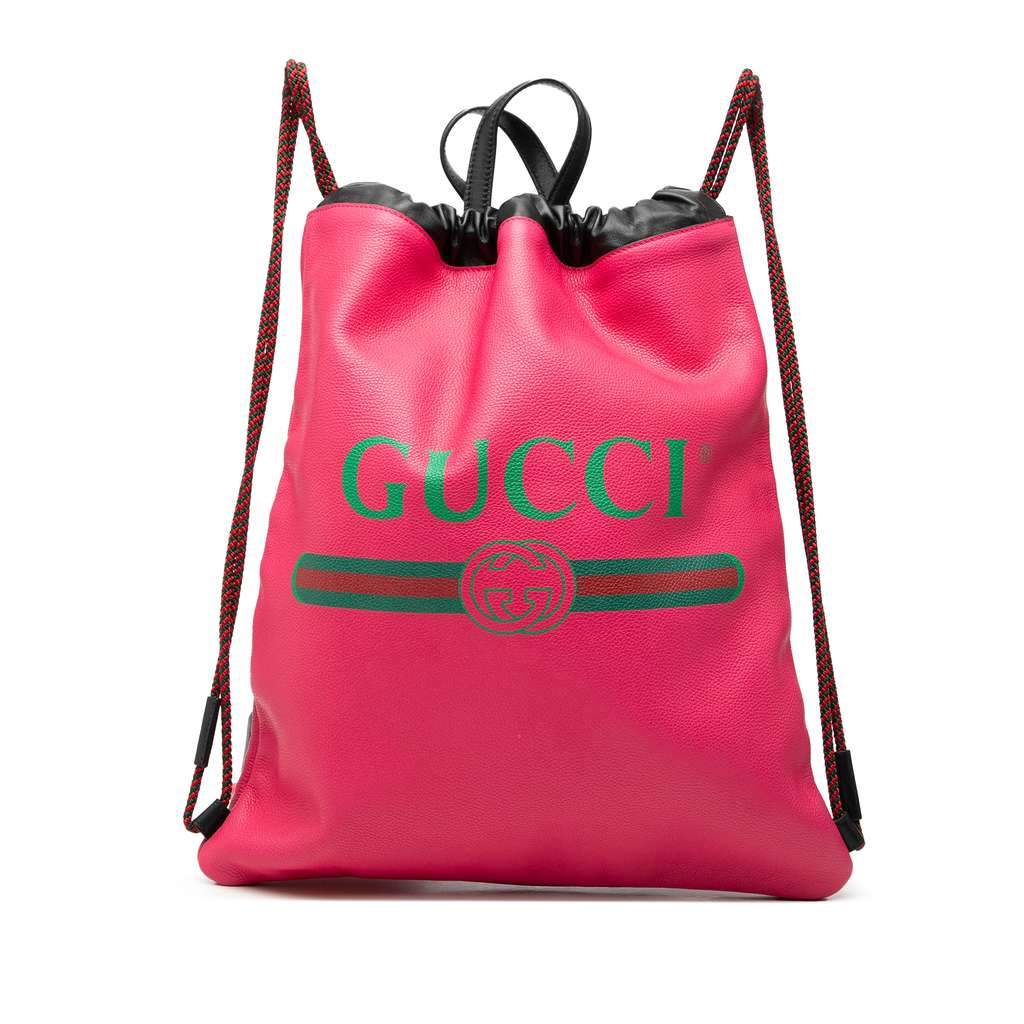 Gucci Leather Logo Drawstring Backpack Pink Leather Very good - Front View
