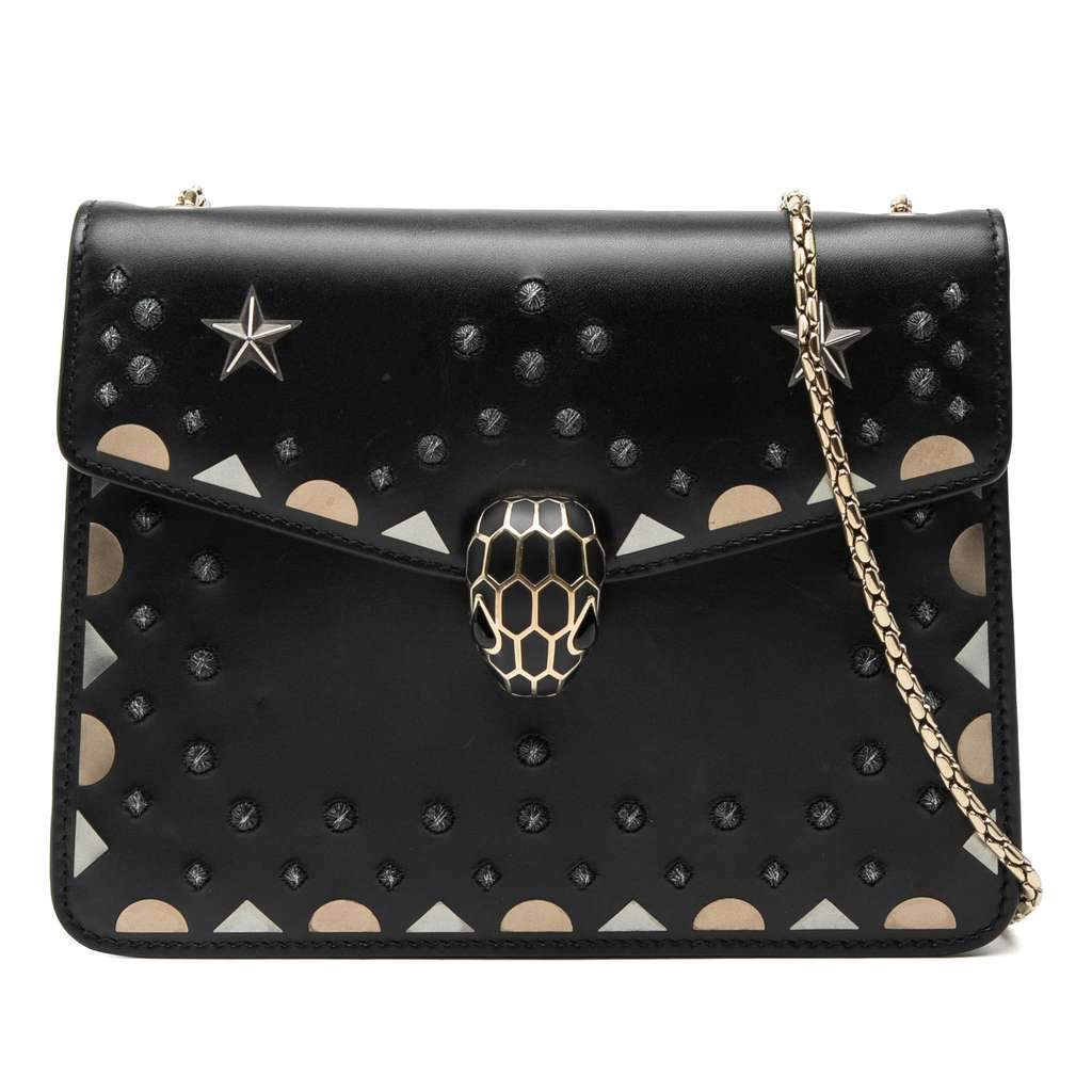 Bvlgari Small Studded Leather Laser Cut Square Serpenti Forever Chain Crossbody Black Leather Very good - Front View