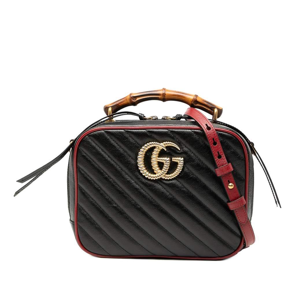 Gucci Small GG Marmont Matelasse Diagonal Leather Torchon Bamboo Satchel Black Leather Very good - Front View