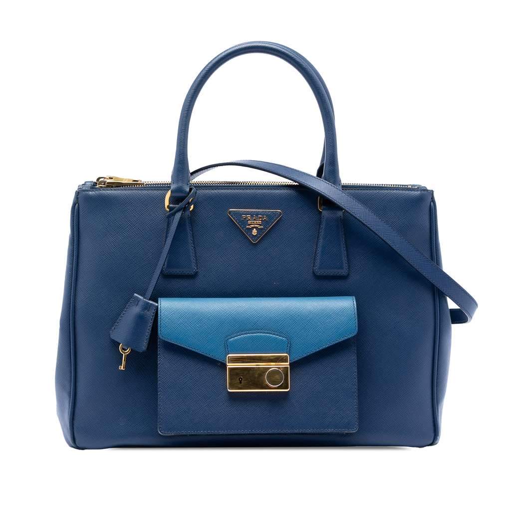 Prada Saffiano Lux Galleria Double Zip Front Pocket Satchel Blue Leather Very good - Front View