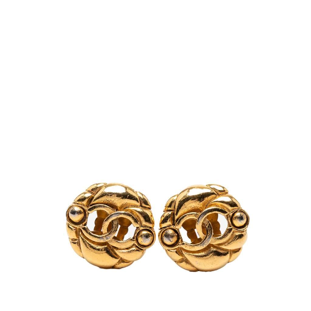 Chanel Gold Plated CC Hollow Round Clip On Earrings Gold Metal Very good - Front View