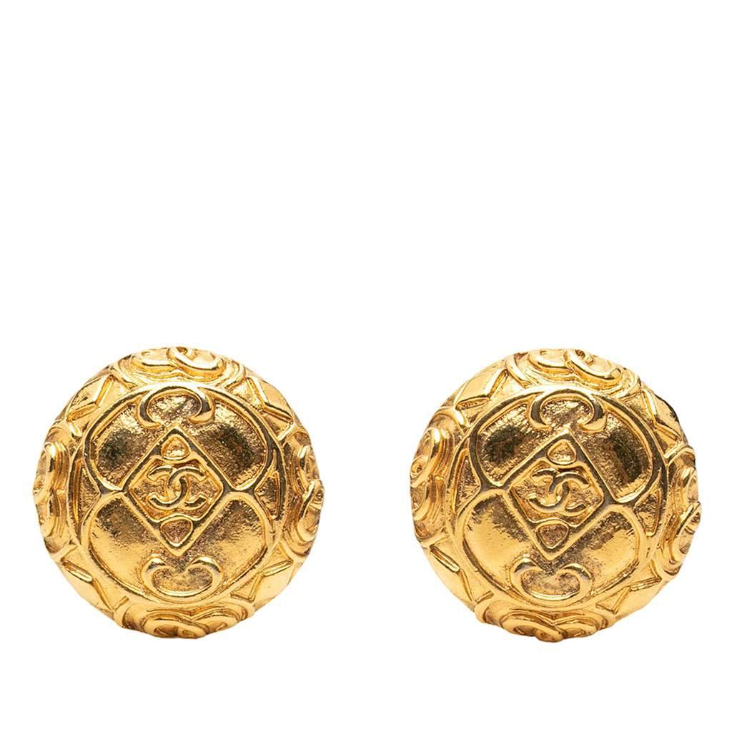 Chanel CC Gold Plated Round Clip On Earrings Gold Metal Very good - Front View