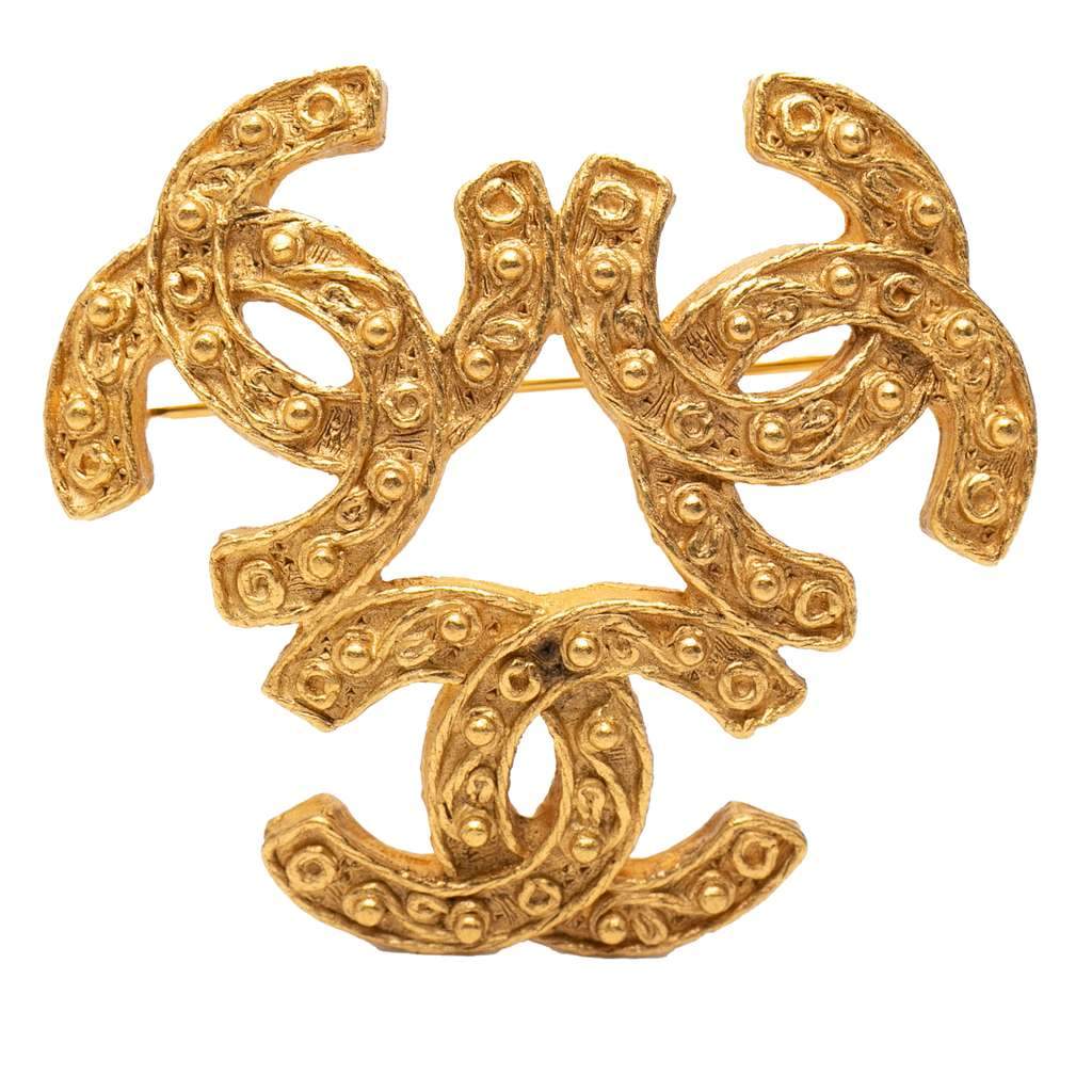 Chanel Gold Plated Triple CC Brooch Gold Metal Very good - Front View