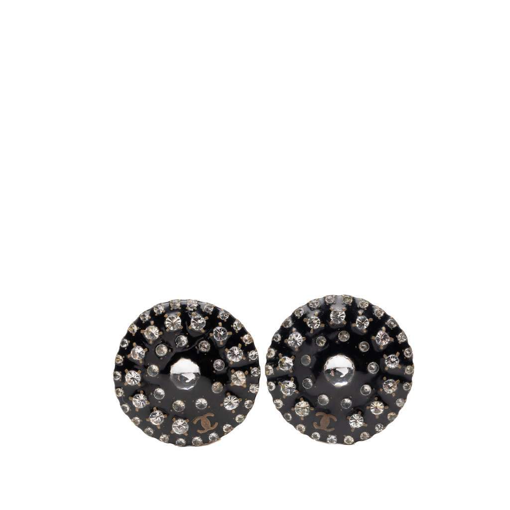 Chanel CC Resin and Crystal Round Clip On Earrings Black Very good - Front View