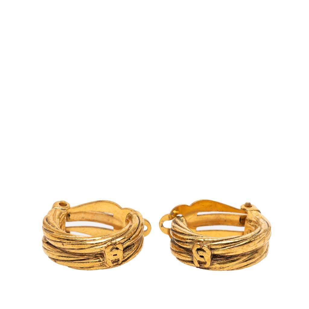 Chanel Gold Plated CC Hoop Clip On Earrings Gold Metal Very good - Front View