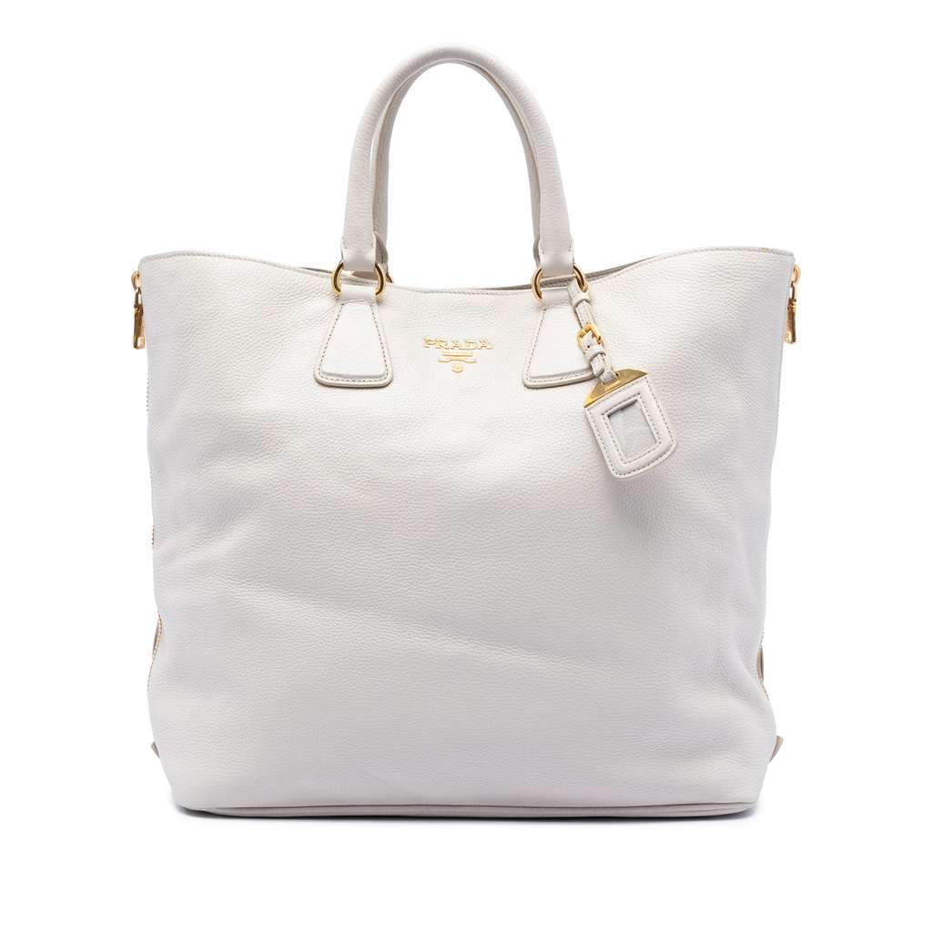 Prada Vitello Daino Side Zip Open Convertible Tote White Leather Very good condition - Front View