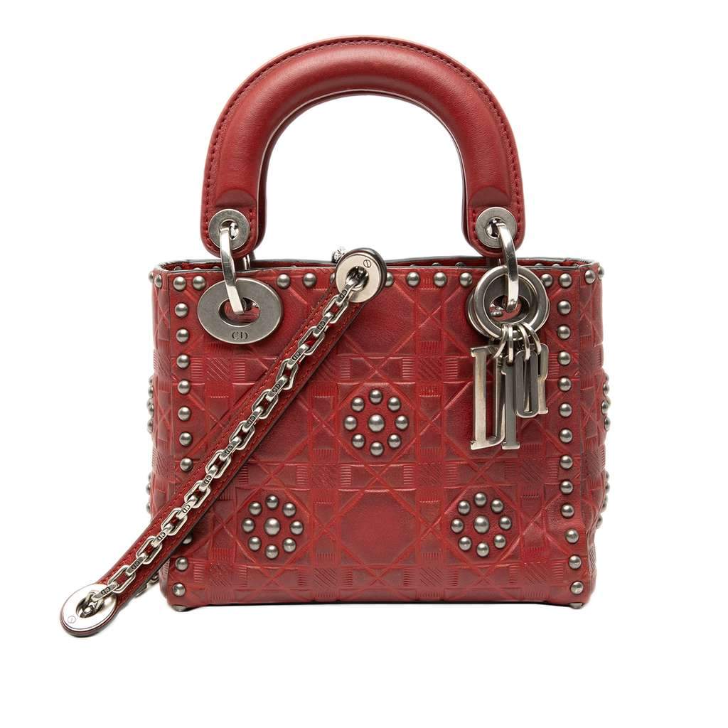 Dior Mini Embossed Calfskin Cannage Studded Flower Lady Dior Red Leather Very good condition - Front View