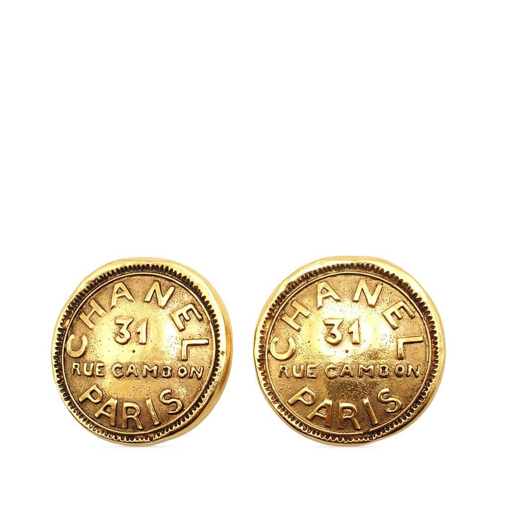 Chanel Gold Plated 31 Rue Cambon Round Clip On Earrings Gold Metal Very good condition - Front View