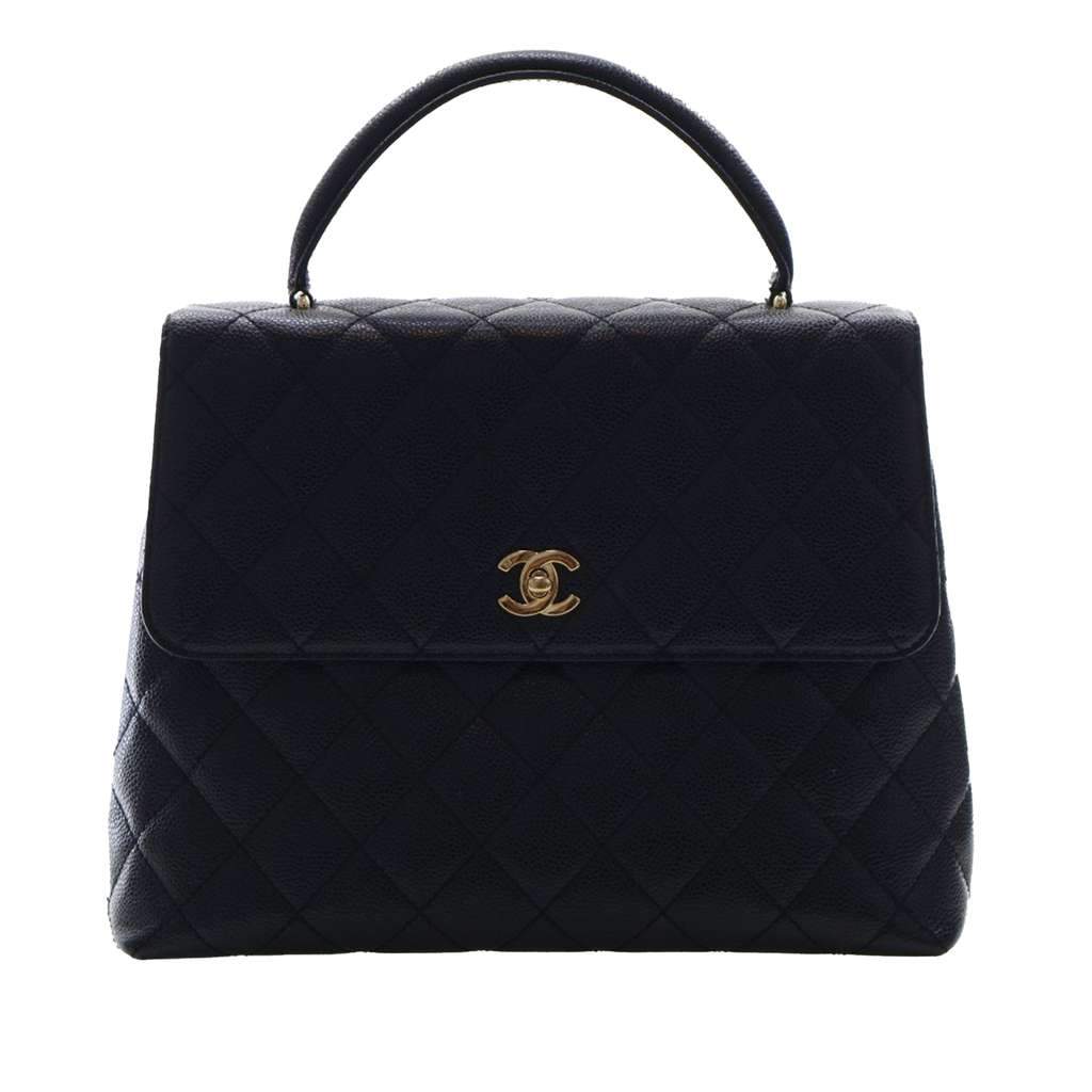 Chanel CC Quilted Caviar Kelly Top Handle Bag Black Leather Very good condition - Front View