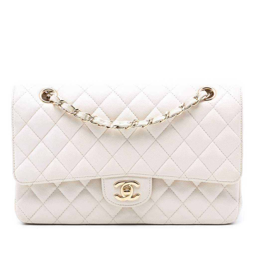 Chanel Medium Classic Caviar Double Flap White Leather Very good condition - Front View