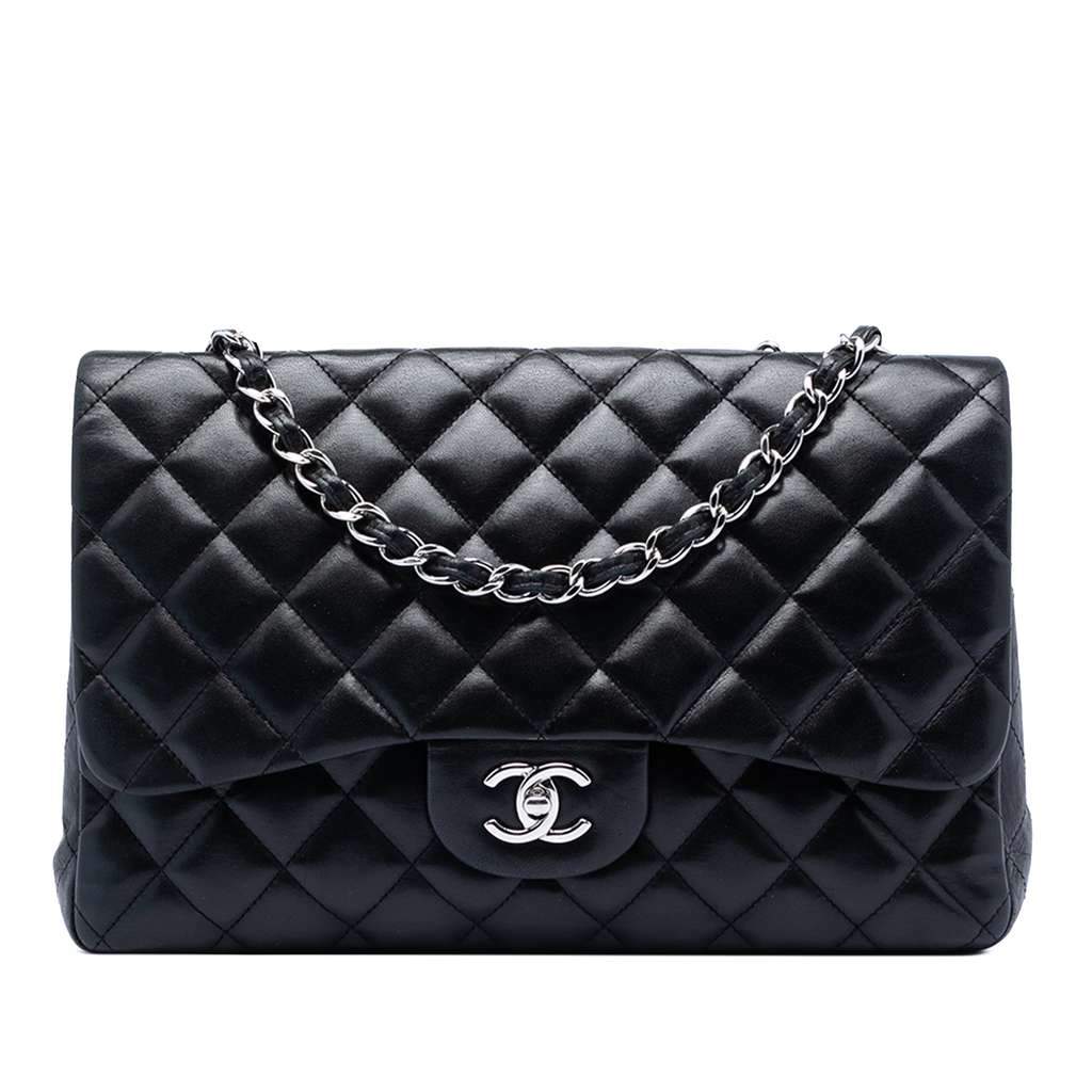 Chanel Jumbo Classic Lambskin Single Flap Black Leather Very good condition - Front View