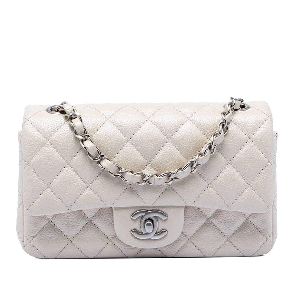 Chanel Mini Rectangular Classic Caviar Single Flap White Leather Very good condition - Front View