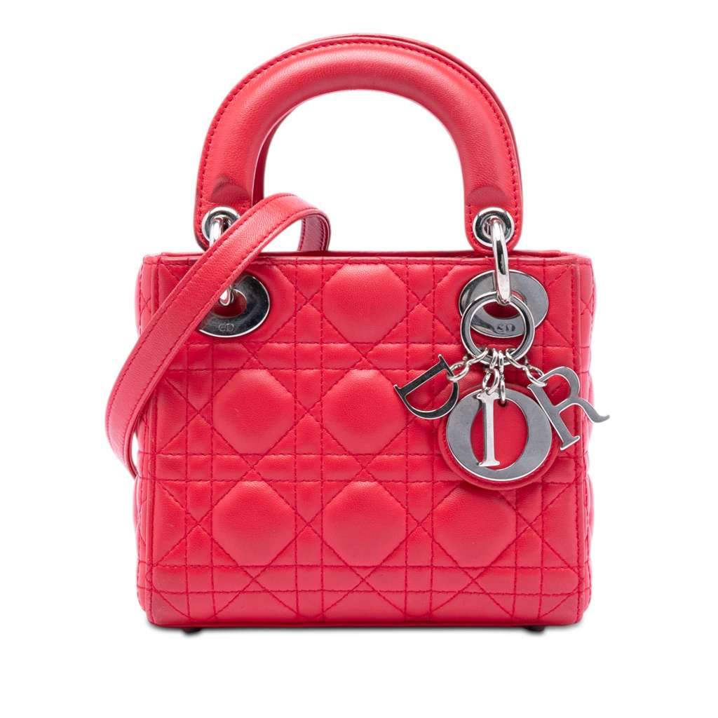 Dior Mini Lambskin Cannage Lady Dior Red Leather Very good condition - Front View