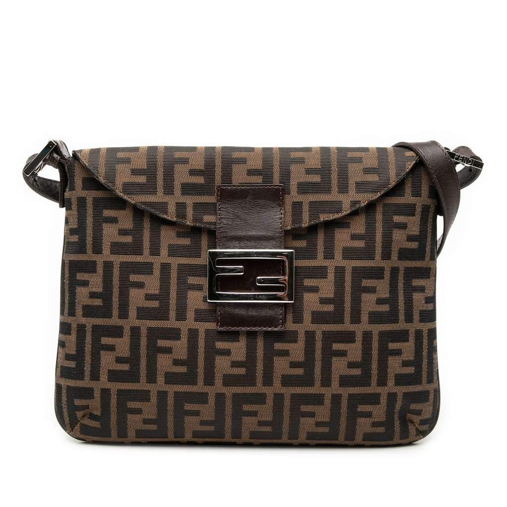 Fendi Zucca Canvas Double Flap Shoulder Bag Brown Canvas Good condition - Front View