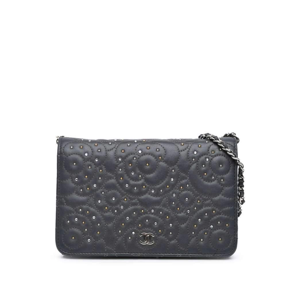 Chanel CC Studded Lambskin Camellia Wallet On Chain Black Leather Very good condition - Front View
