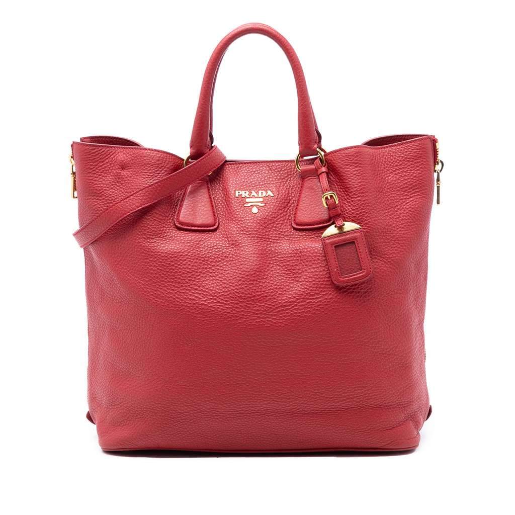 Prada Vitello Daino Side Zip Shopper Tote Red Leather Very good condition - Front View