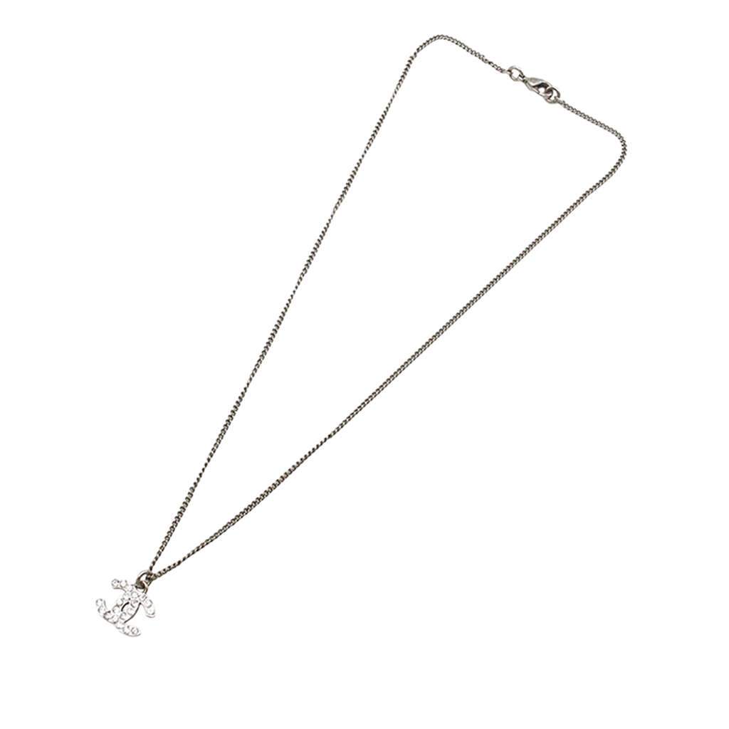 Chanel CC Silver Plated Rhinestone Pendant Necklace Silver Metal Very good condition - Front View