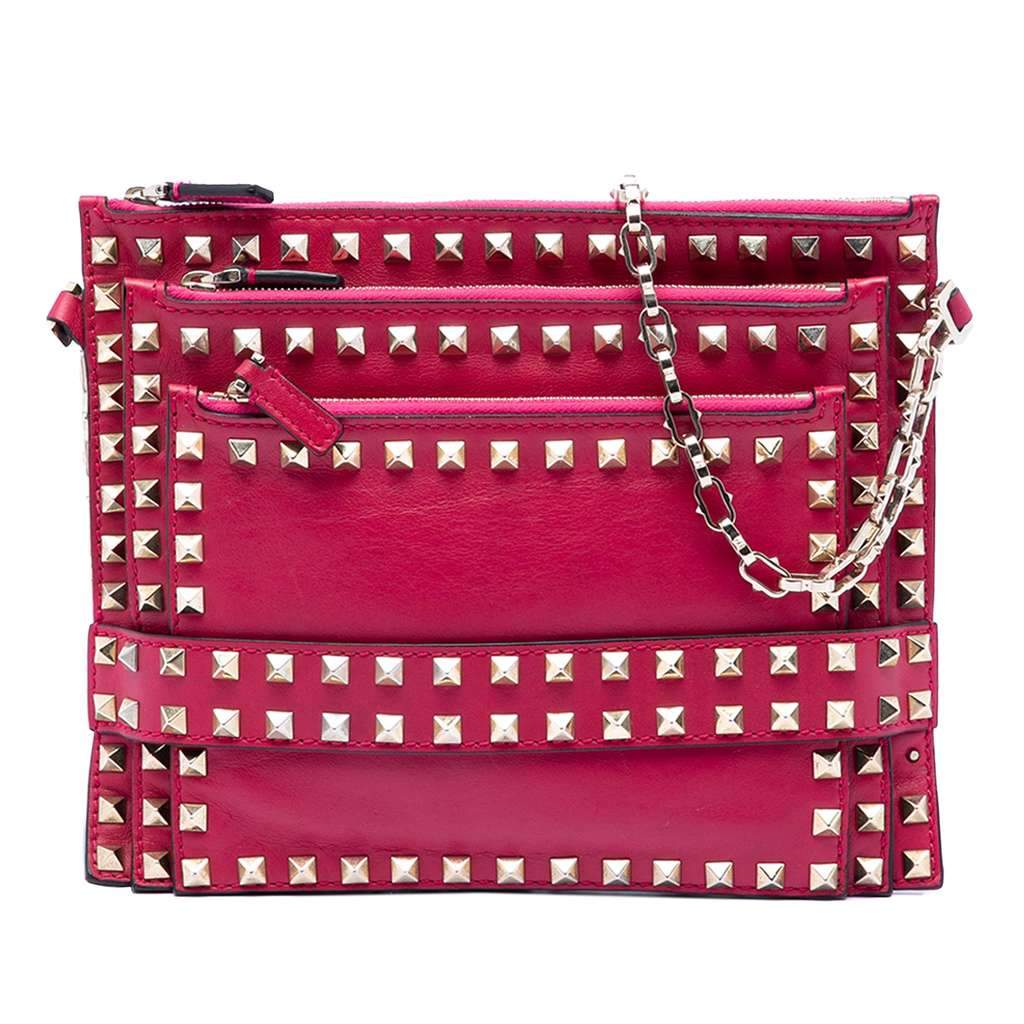 Valentino Leather Rockstud Triple Zip Crossbody Pink Leather Very good condition - Front View