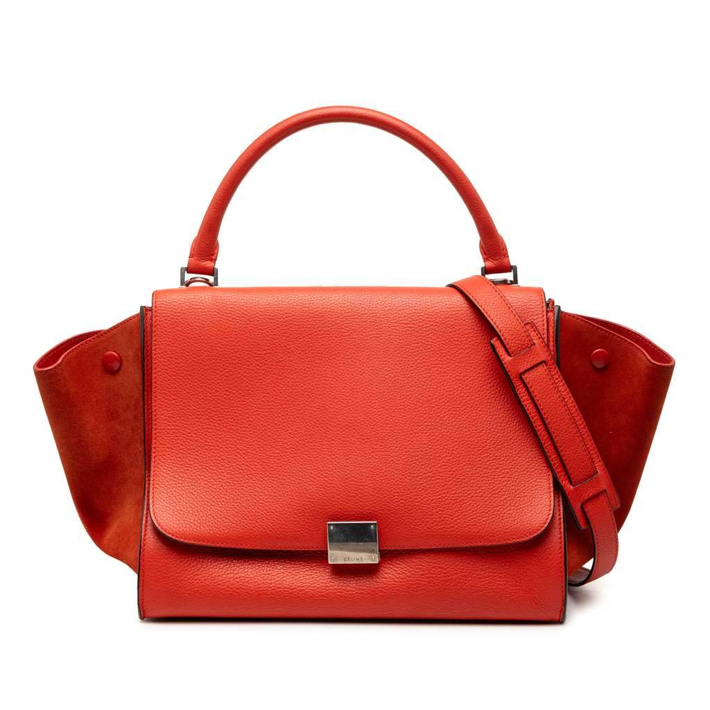 Celine Medium Drummed Calfskin and Suede Trapeze Satchel Orange Leather Very good condition - Front View