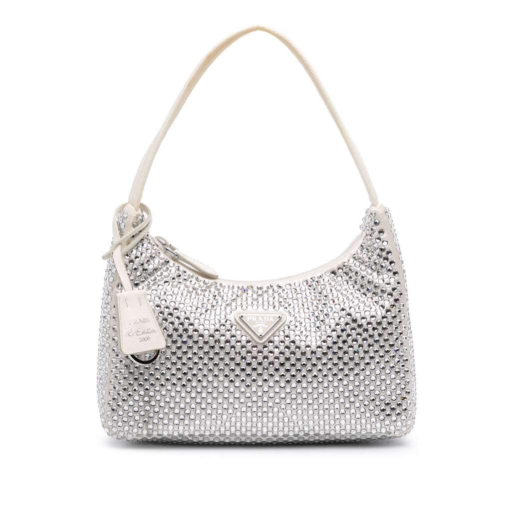 Prada Mini Satin Crystal Re-Edition 2000 Shoulder Bag White Satin Very good condition - Front View