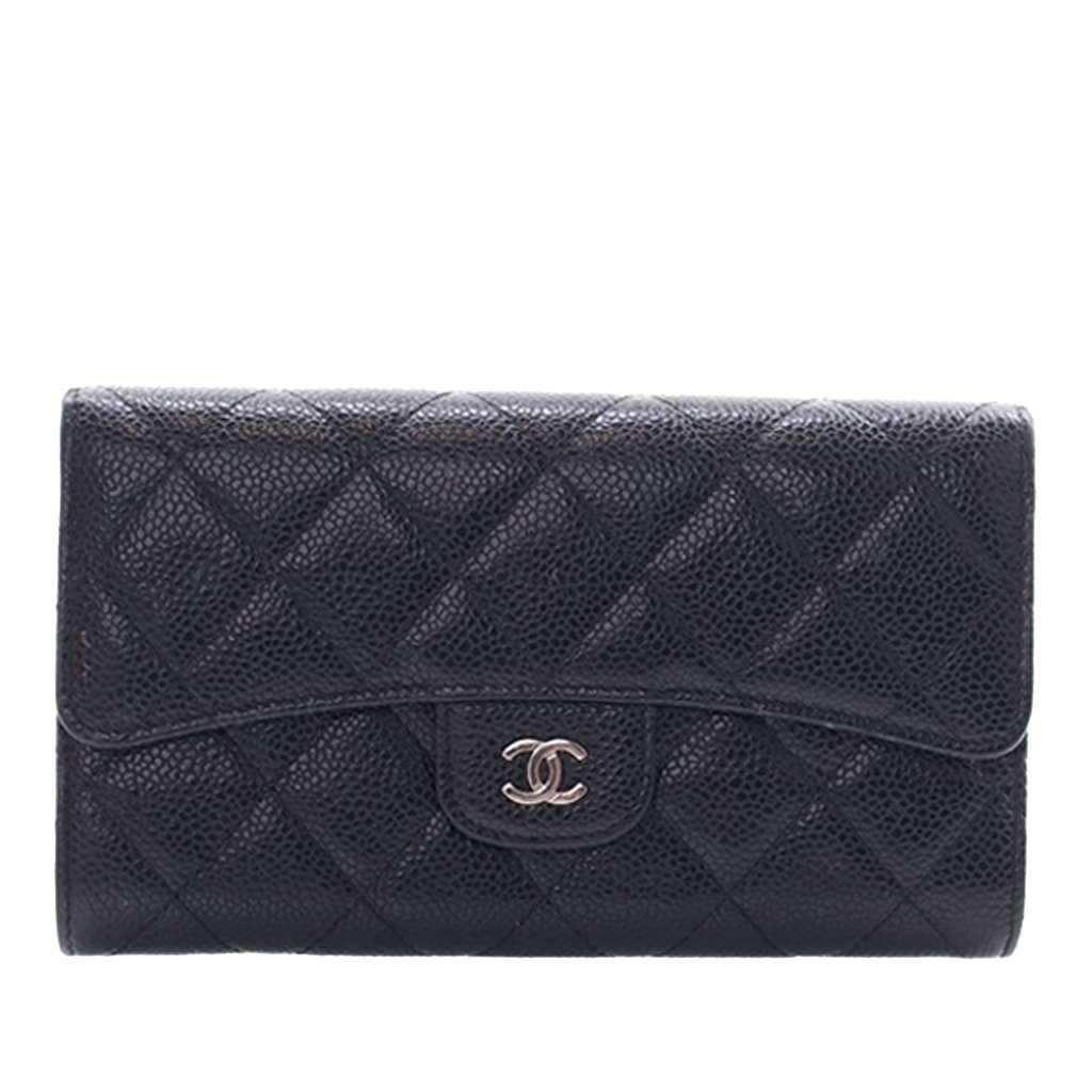 Chanel CC Caviar Classic Long Flap Wallet Black Leather Very good condition - Front View