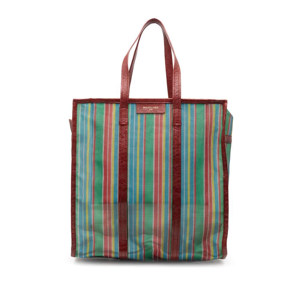 Balenciaga M Striped Mesh Bazar Shopper Satchel Green Polyester Very good condition - Front View