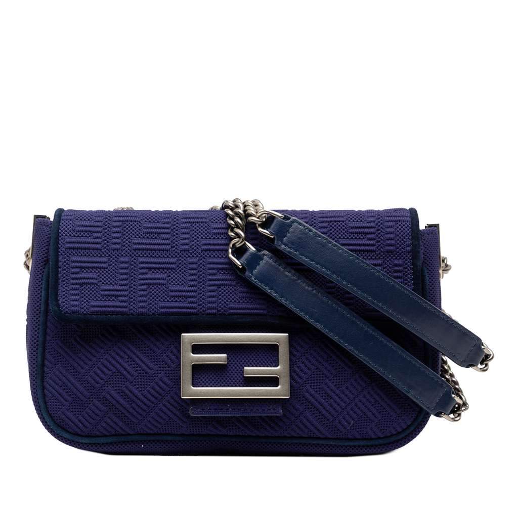 Fendi Zucca Embossed Technical Fabric Chain Midi Baguette Blue Very good condition - Front View