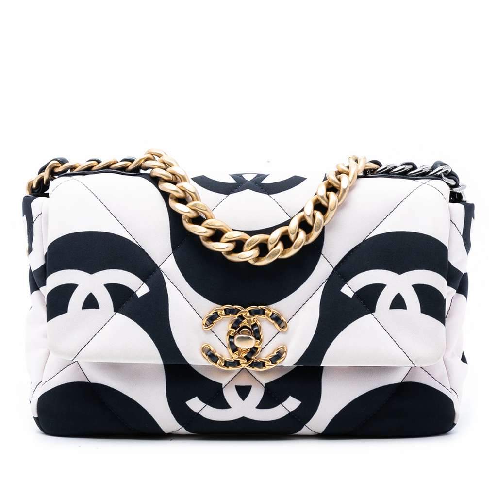 Chanel Medium Printed Silk 19 Flap White Silk Very good condition - Front View