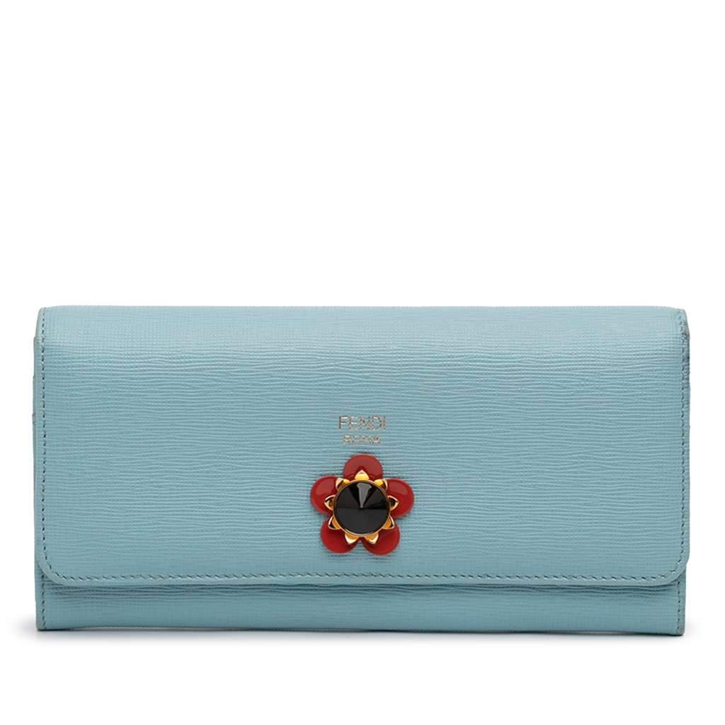 Fendi Leather Flowerland Continental Long Wallet Blue Leather Very good condition - Front View