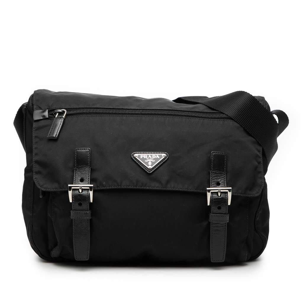 Prada Tessuto Zip Double Buckle Messenger Bag Black Very good condition - Front View