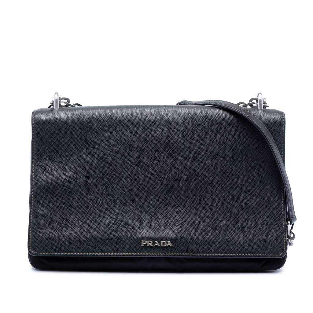 Prada Saffiano Lux and Tessuto Chain Crossbody Black Leather Very good - Front View