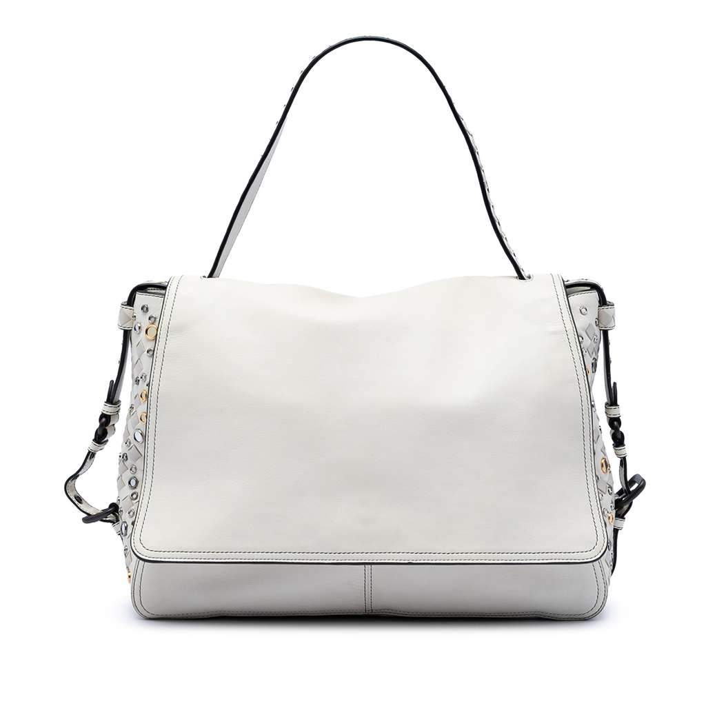 Bottega Veneta Intrecciato Trimmed Lambskin Grommet Top Handle Bag White Leather Very good condition - Front View