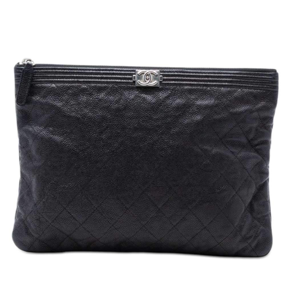 Chanel Medium Quilted Caviar Boy O Case Clutch Black Leather Very good condition - Front View