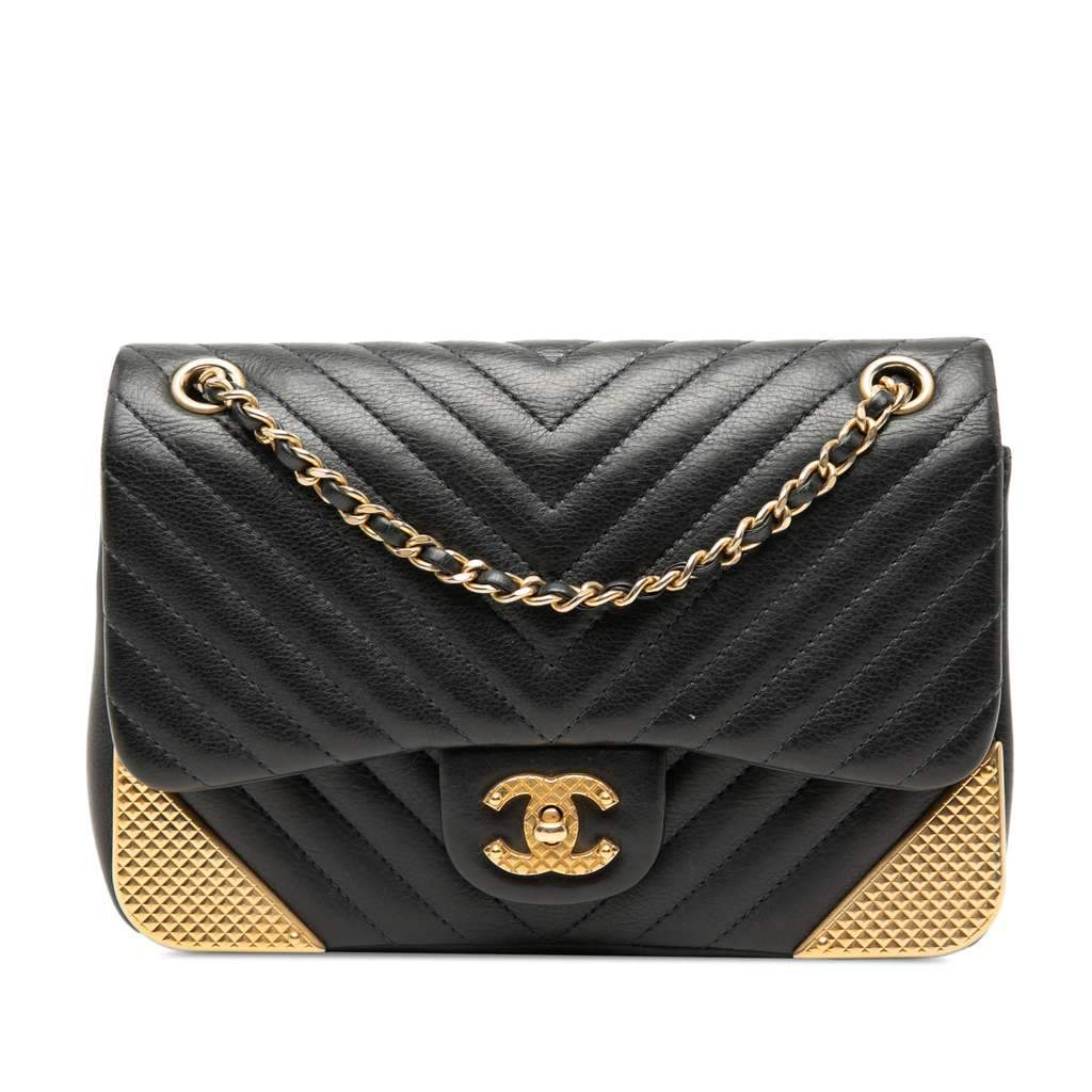 Chanel Mini Chevron Calfskin Rock The Corner Flap Black Leather Very good condition - Front View