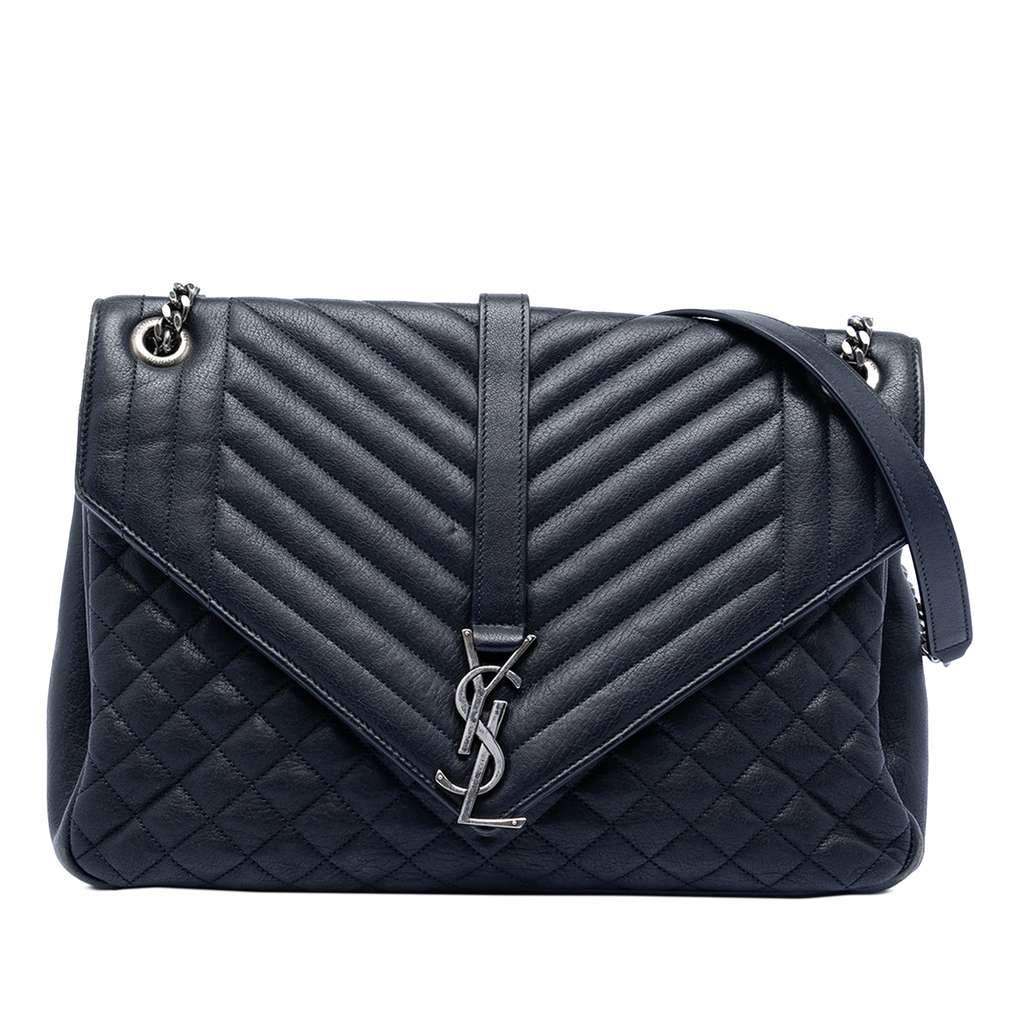 Saint Laurent Large Triquilt Sheepskin Monogram College Bag Blue Leather Very good condition - Front View