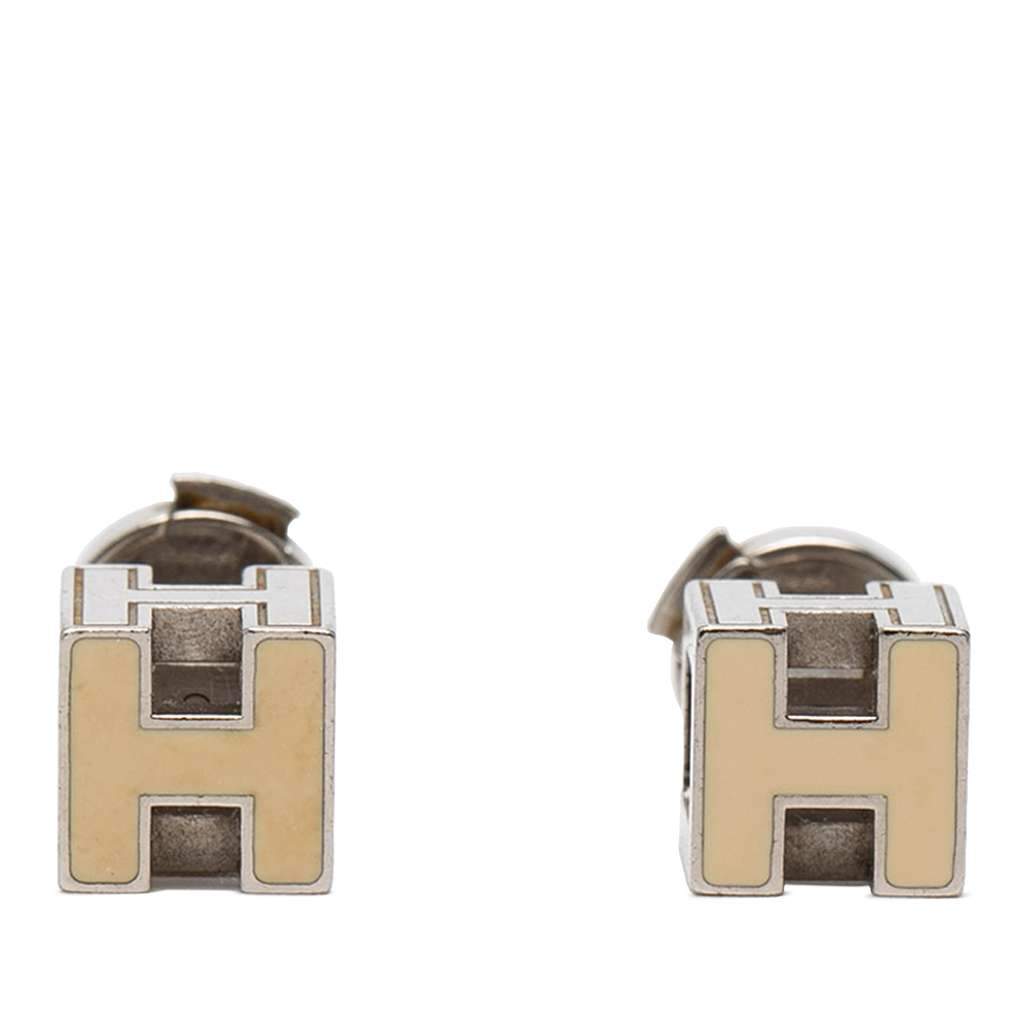 Hermès Palladium Plated Enamel Cage dH Cube Push Back Earrings Beige Metal Very good condition - Front View
