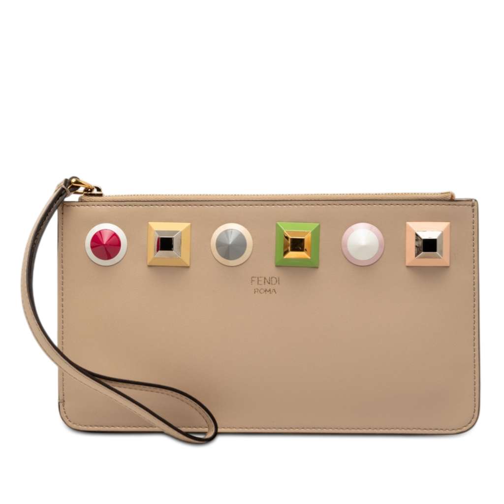 Fendi Studded Leather Slim Wristlet Clutch Beige Leather Very good condition - Front View