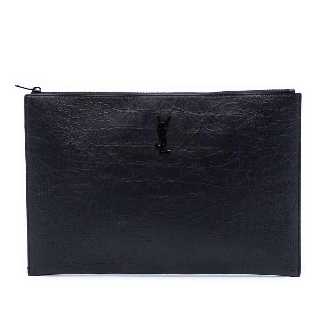 Saint Laurent Croc Embossed Leather Monogram Clutch Black Leather Very good condition - Front View