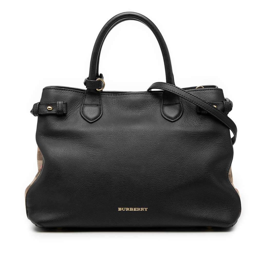 Burberry Medium Leather and House Check Banner Satchel Black Leather Very good condition - Front View