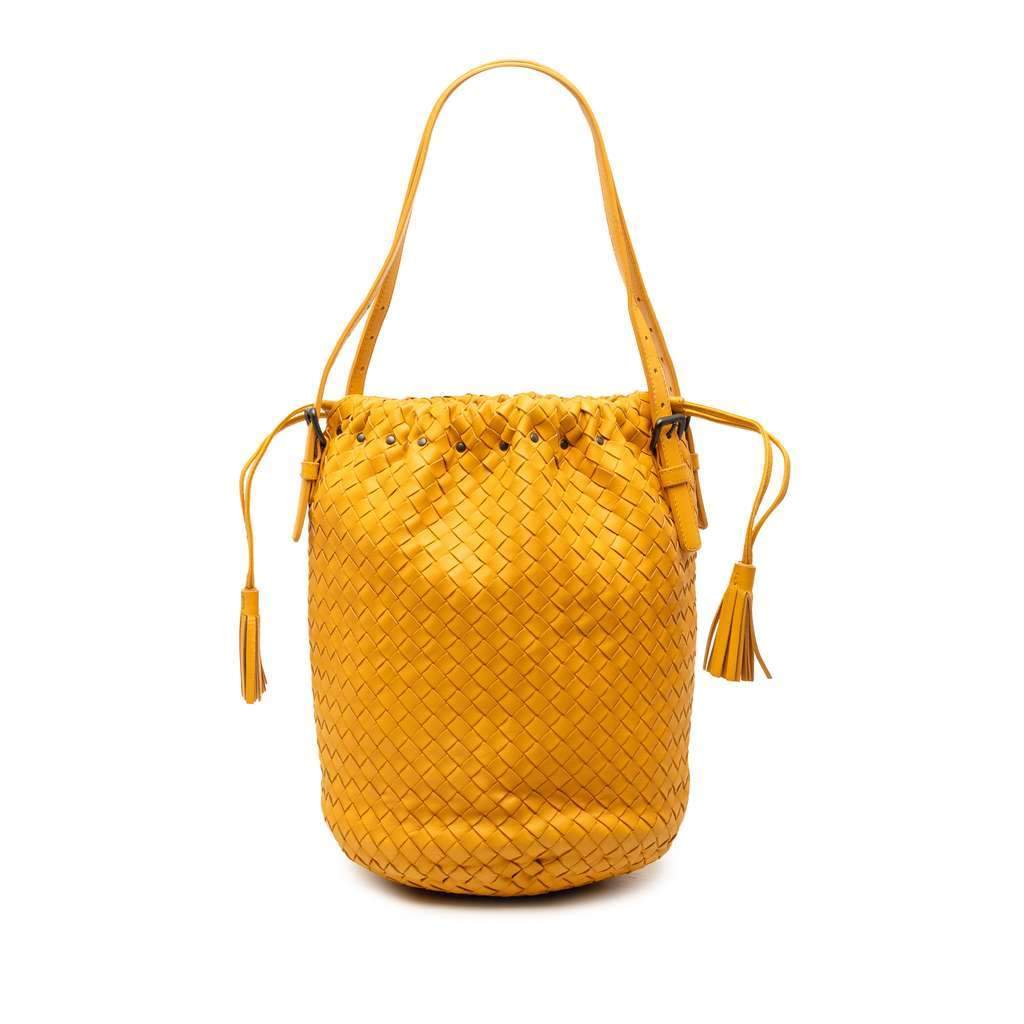 Bottega Veneta Nappa Intrecciato Drawstring Bucket Bag Orange Leather Very good condition - Front View