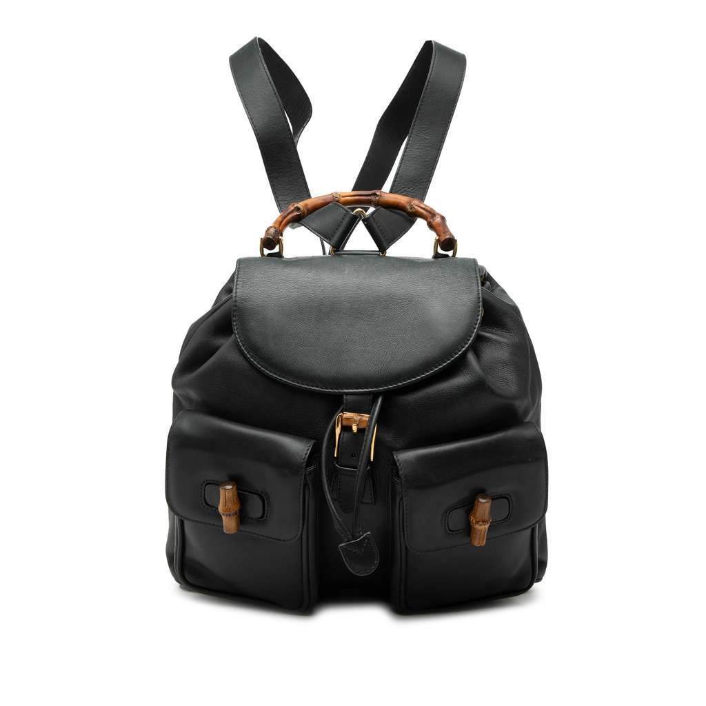 Gucci Calfskin Bamboo Drawstring Backpack Black Leather Very good condition - Front View