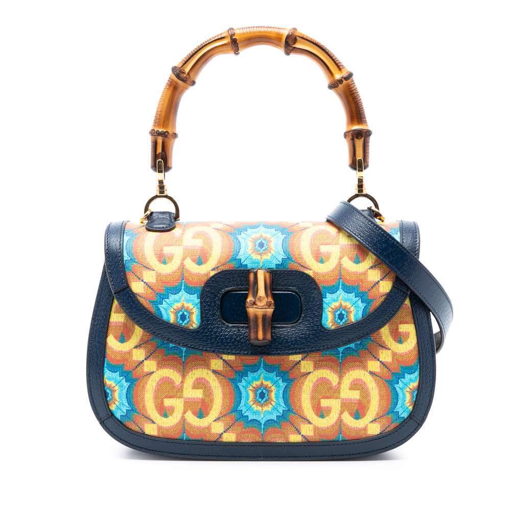 Gucci 100th Anniversary Medium GG Coated Canvas Kaleidoscope 1947 Bamboo Top Handle Bag Blue Canvas Very good condition - Front View
