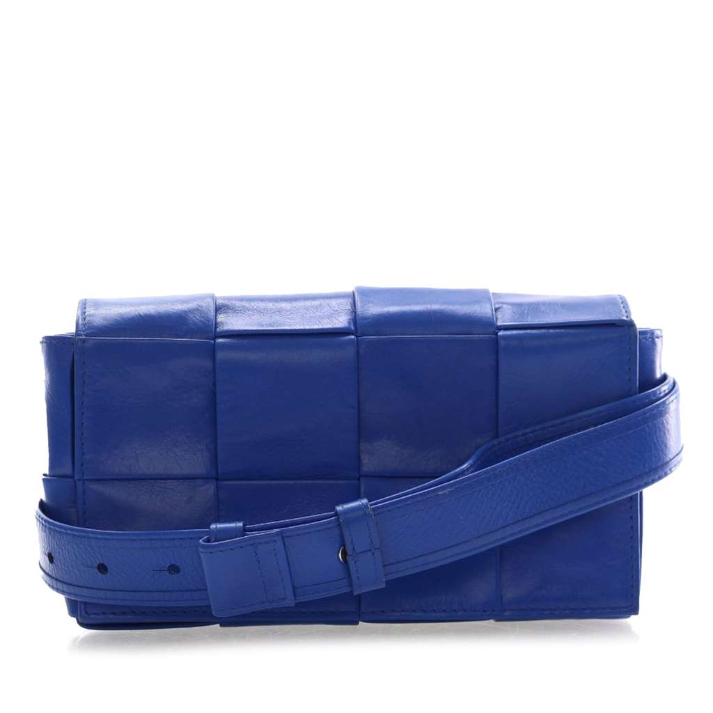 Bottega Veneta Mini Paper Calfskin Intrecciato Cassette Belt Bag Blue Leather Very good condition - Front View