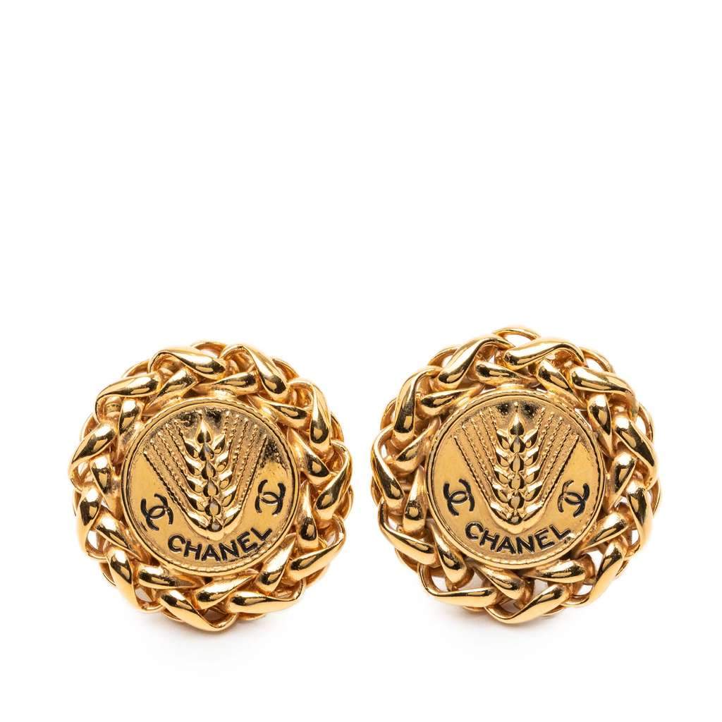 Chanel CC Gold Plated Wheat Medallion Clip On Earrings Gold Metal Very good - Front View
