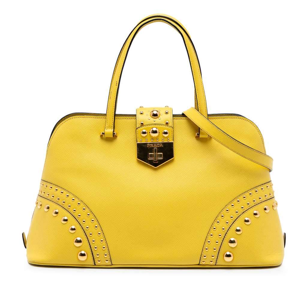 Prada Studded Saffiano Cuir Promenade Satchel Yellow Leather Very good condition - Front View