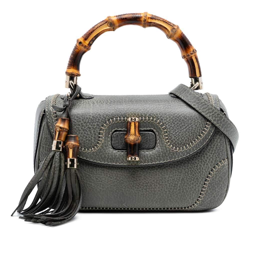 Gucci Medium Calfskin New Bamboo Top Handle Bag Grey Leather Very good - Front View