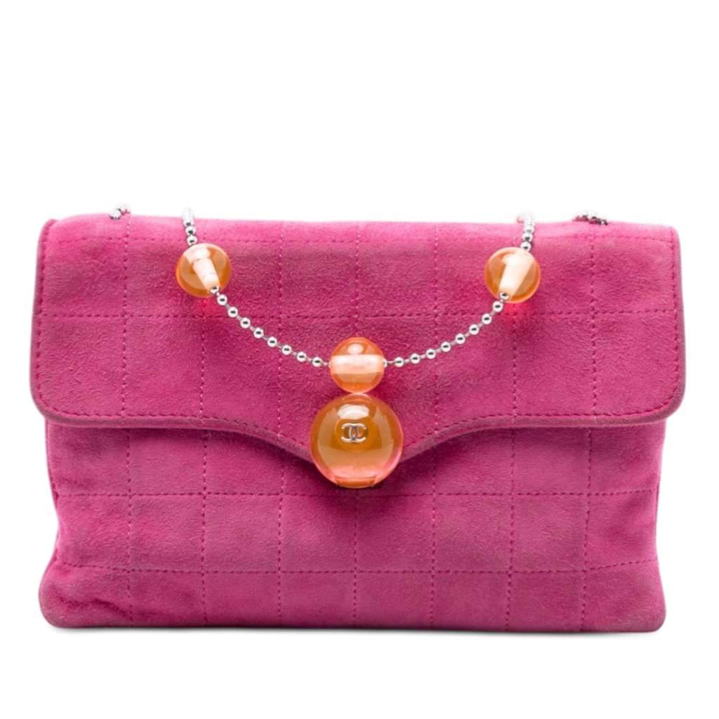 Chanel CC Choco Bar Suede Beaded Chain Flap Pink Leather Very good condition - Front View