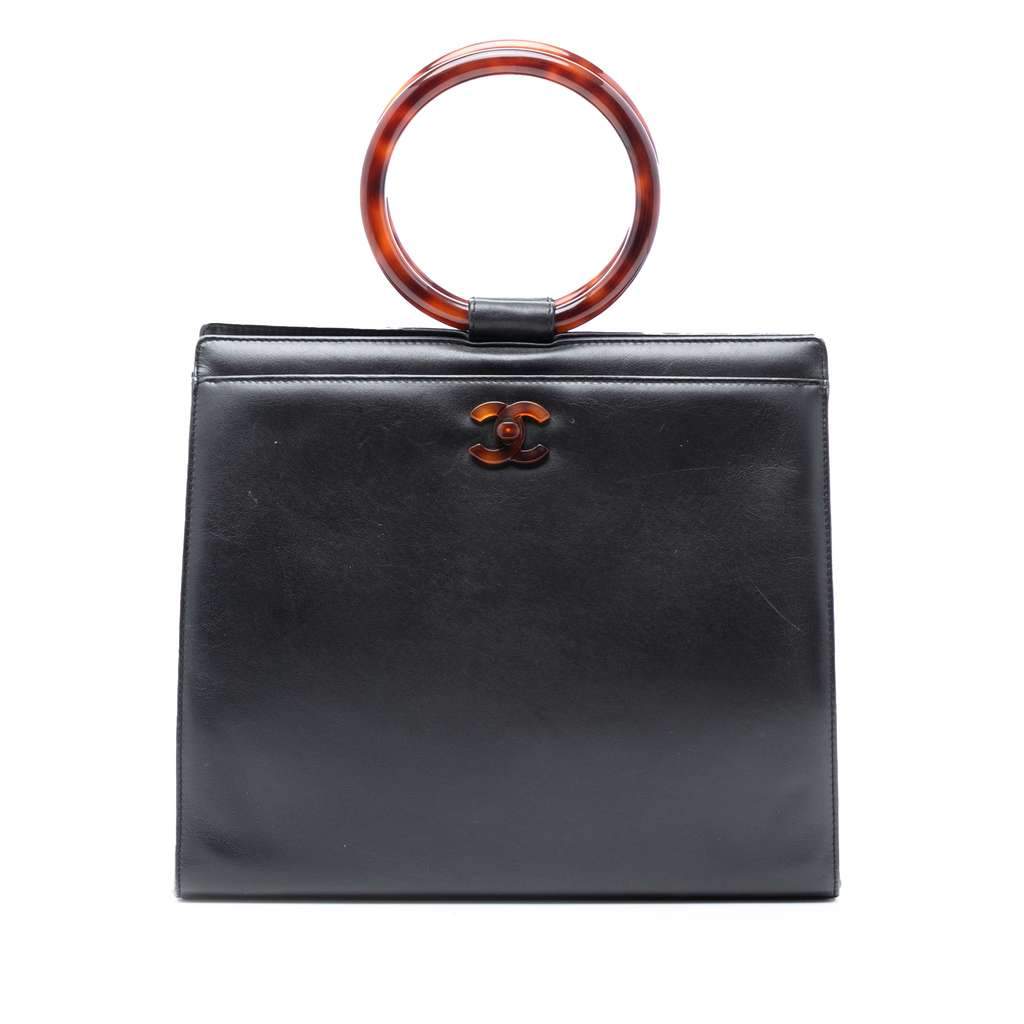 Chanel CC Calfskin Tortoiseshell Handbag Black Leather Very good condition - Front View